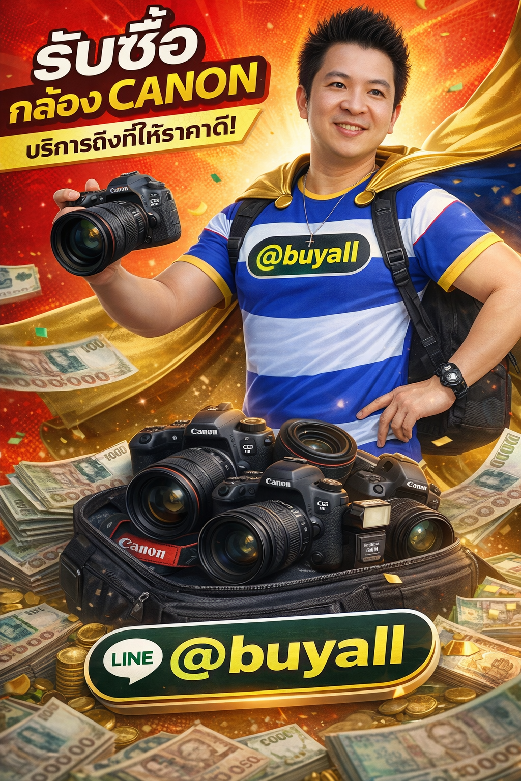 ภาพประชาสัมพันธ์รับซื้อสินค้ามือสองและข้อมูลติดต่อ Line @buyall โทร 091-1206831