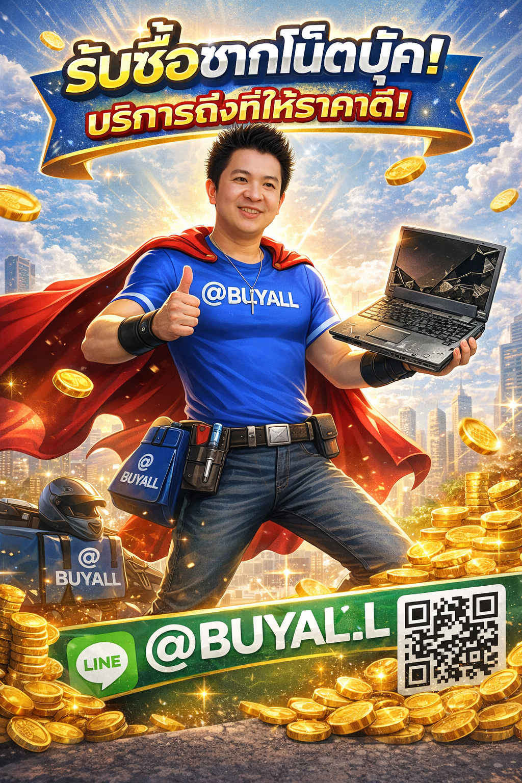 ภาพประชาสัมพันธ์บริการรับซื้อซากโน๊ตบุ๊คและรับซื้อโน๊ตบุ๊คใช้งานไม่ได้ พร้อมช่องทางติดต่อ Line @buyall และโทร 091-1206831
