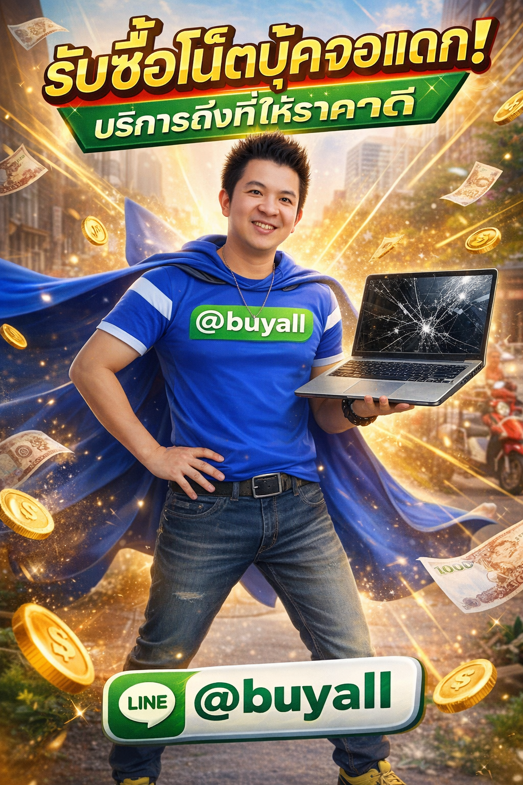 ภาพประชาสัมพันธ์บริการรับซื้อโน๊ตบุ๊คจอแตก พร้อม Line @buyall และเบอร์ติดต่อ 091-1206831