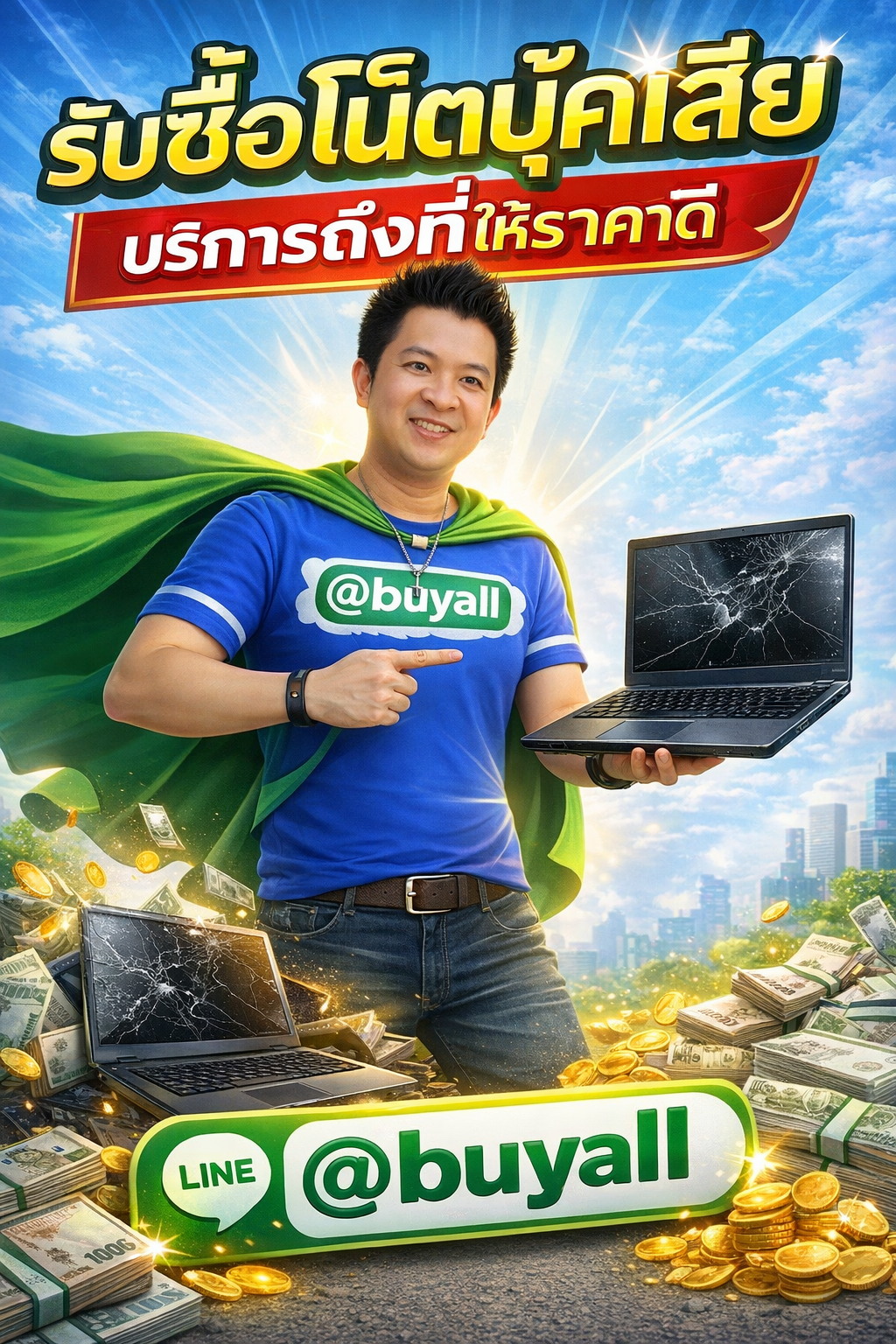 ภาพประชาสัมพันธ์รับซื้อโน๊ตบุ๊คเสีย พร้อม Line @buyall และเบอร์ติดต่อ 091-1206831